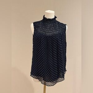Frame Navy Polka Dot Smocked Mock Neck Tank